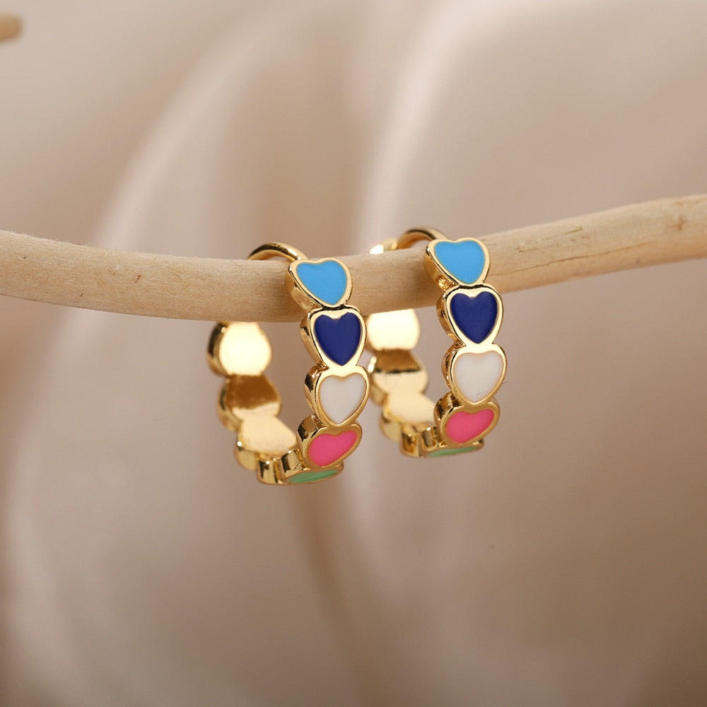 Heart Earrings For Women Girl Stainless Steel Enamel Multicolor Geometric Hoop Earring Sweet Accessory Jewelry Gift Bijoux Femme