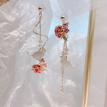 New Trend Blue Flower Dangle Earrings For Women Cute Animal Cat Cherry Blossoms Asymmetrical Earring Party Kitten Jewelry Gifts