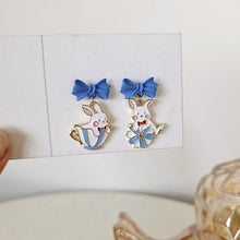 New Trend Blue Flower Dangle Earrings For Women Cute Animal Cat Cherry Blossoms Asymmetrical Earring Party Kitten Jewelry Gifts