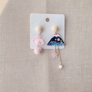 New Trend Blue Flower Dangle Earrings For Women Cute Animal Cat Cherry Blossoms Asymmetrical Earring Party Kitten Jewelry Gifts