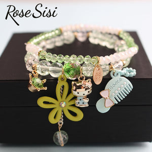 Rose sisi Korean Fashion Girl Heart Holiday Style Bracelet for women Whale Tail bead Bracelets Double Stretch Girl Pendant Retro