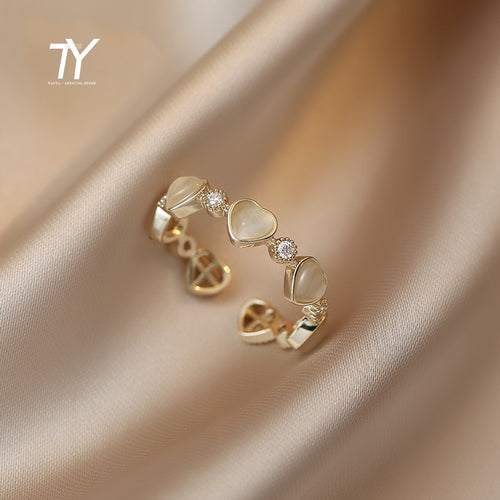 Sweet Heart-shaped Opals Zircon Gold Color Open Rings For Womans 2022 Korean Fashion Jewelry Girl's Finger Elegant  Accessories