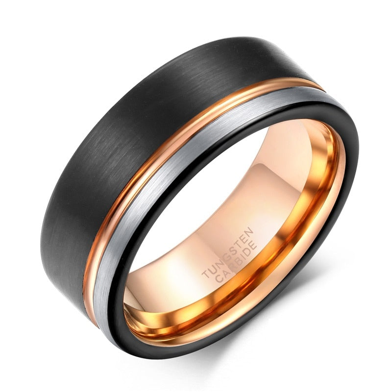 TIGRADE Ring Men Tungsten Ring Black Rose Gold Line Brushed 6/8mm Wedding Band Engagement Ring Men's Party Trendy Bague Homme