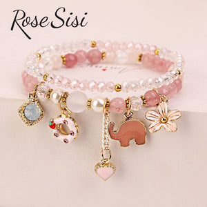 Rose sisi Korean Crystal Bracelets Cute Cartoon Rabbit Pendant Hand Elephant Flower Pendant Bracelet for women jewelry