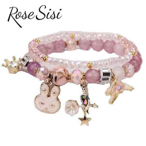 Rose sisi Korean Crystal Bracelets Cute Cartoon Rabbit Pendant Hand Elephant Flower Pendant Bracelet for women jewelry