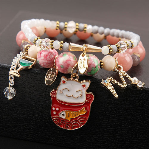 Korean style new crystal bracelet women's multi-element fashion lucky cat pendant Friendship bracelet student jewelry for women