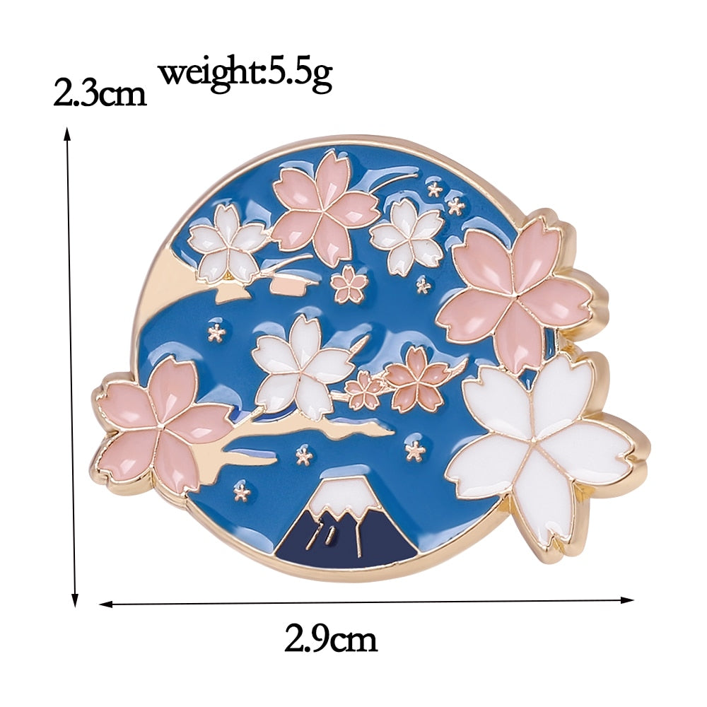 Charm Pink Cherry blossoms Brooch Enamel Pin Mountain Blue Sky Lapel Pins Collection Jewelry Gifts