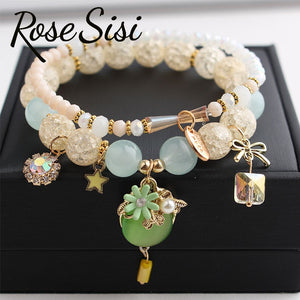 Rose sisi Korean style fresh bracelet for woman Beach style crystal glass beads dolphin shell women's Wrist bracelet Friendship