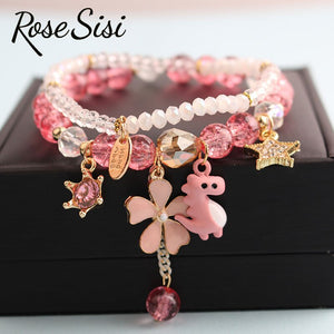 Rose sisi Korean Fashion Girl Heart Holiday Style Bracelet for women Whale Tail bead Bracelets Double Stretch Girl Pendant Retro