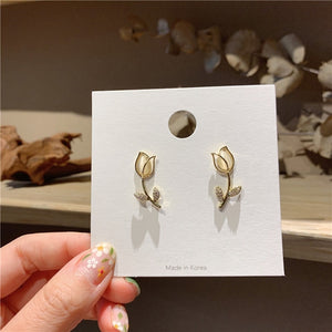 MENGJIQIAO Fashion Elegant Cute Opal Rose Flower Stud Earrings For Women Students Delicate Micro Paved Zircon Jewelry Oorbellen