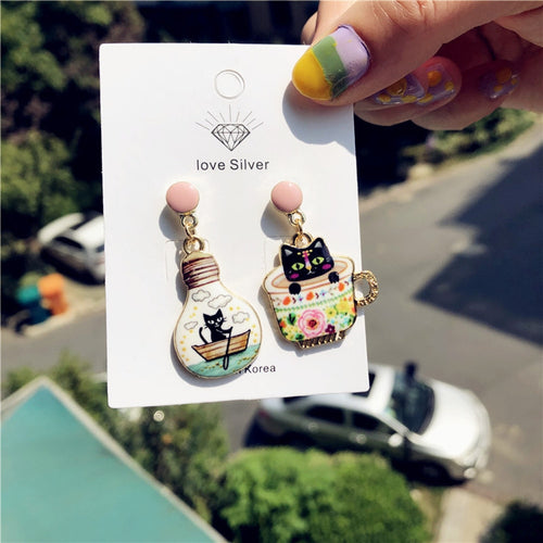 Light Bulb Cat Cup Cat Enamel Charms New Stud Earrings For Women Cute Animals Pendants Golden Base Jewelry