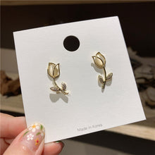MENGJIQIAO Fashion Elegant Cute Opal Rose Flower Stud Earrings For Women Students Delicate Micro Paved Zircon Jewelry Oorbellen