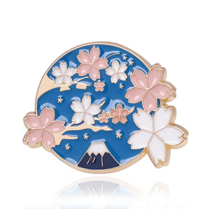 Charm Pink Cherry blossoms Brooch Enamel Pin Mountain Blue Sky Lapel Pins Collection Jewelry Gifts