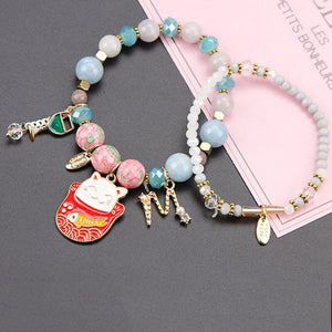 Korean style new crystal bracelet women's multi-element fashion lucky cat pendant Friendship bracelet student jewelry for women