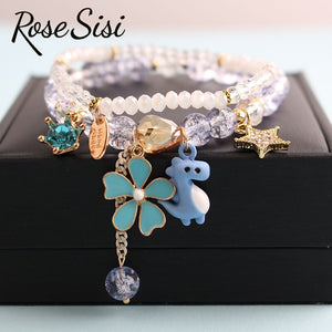 Rose sisi Korean Fashion Girl Heart Holiday Style Bracelet for women Whale Tail bead Bracelets Double Stretch Girl Pendant Retro