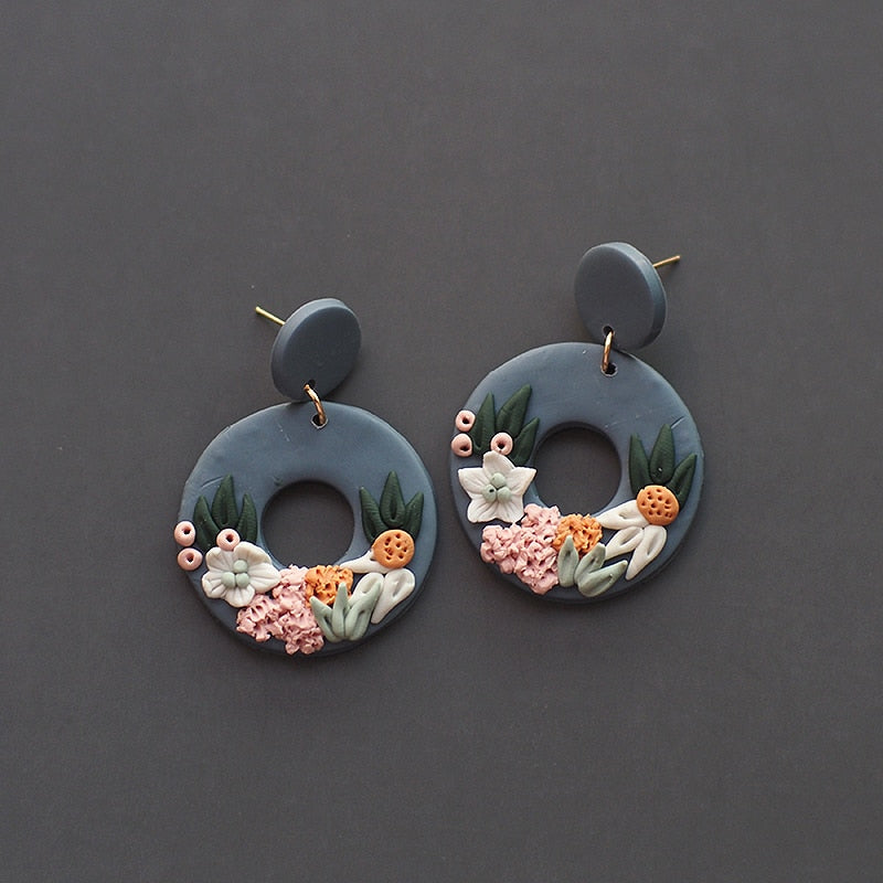 Handmade Crafts Molded Irregular Floral All Season Multi Colors Shapes Polymer Clay Pattern Earring Dangle Sets Women Jewelry