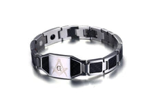 Free Custom Man Bracelet, Black Stainless Steel Mens Bracelet with Carbon Fiber Inlay Masonic Logo Fashion Jewelry