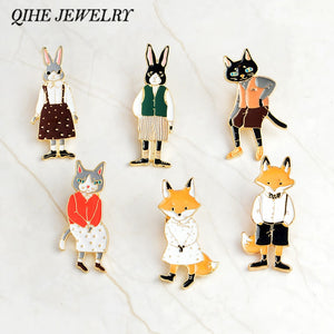 QIHE JEWELRY Pins and brooches Rabbit/Fox/Cat couple enamel pin Badges Hat Backpack Accessories Lovers jewelry Gift for lover