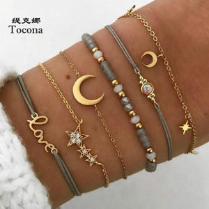Tocona Boho Love Moon Bracelets for Women Charms Bead Gold Color Star Clear Crystal Stone Letter Rope Jewelry Accessories 6523