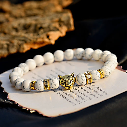 Trendy White Turquoises Stone Charm Bracelet Men Wood Beads Bracelet Handmade Leopard Bracelets&Bangles Pulseira Masculina