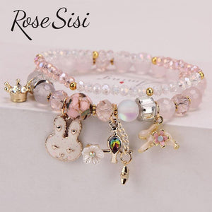 Rose sisi Korean Crystal Bracelets Cute Cartoon Rabbit Pendant Hand Elephant Flower Pendant Bracelet for women jewelry