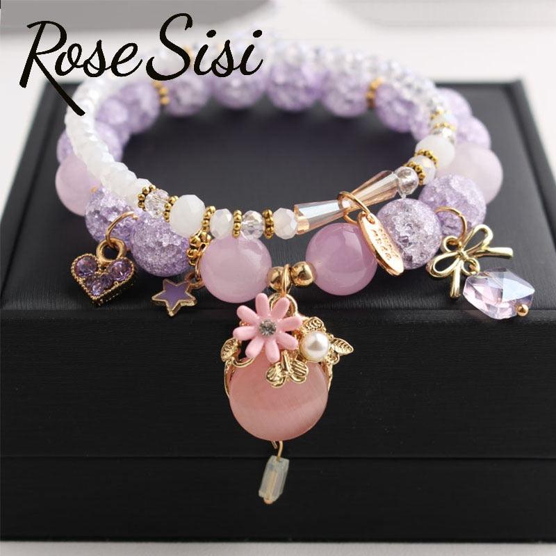 Rose sisi Korean style fresh bracelet for woman Beach style crystal glass beads dolphin shell women's Wrist bracelet Friendship