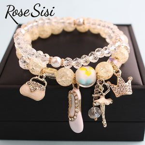 Rose sisi Korean Fashion Girl Heart Holiday Style Bracelet for women Whale Tail bead Bracelets Double Stretch Girl Pendant Retro