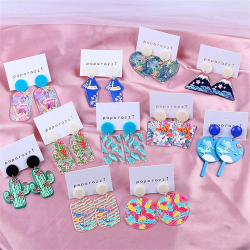 New Fashion Bohemia Ethnic Retro Acrylic Drop Earrings for Women Cartoon Flower Print Colorful Dangle Earring Girl Party Jewelry