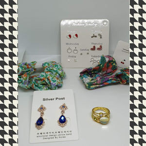 Set of Scrunchies, Earrings & Ring