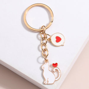 Cute Enamel Keychain Heart Cat Key Ring Animal Key Chains Valentine's Day Gifts For Couple Lovers DIY Handmade Simple Jewelry