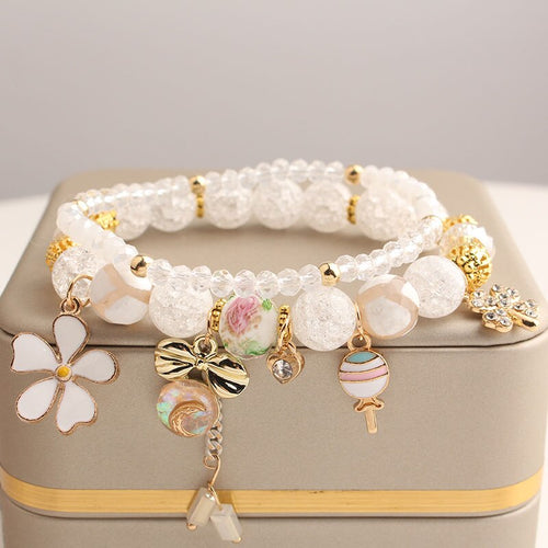 Rose sisi Korean Style fresh lovely fashion crystal burst beads bracelet for women Elastic rope cherry pendant gift for girls