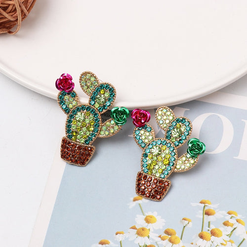 Bohemian Shiny Rhinestone Cactus Long Drop Dangle Earrings for Women Crystal Plant Pendients Earrings Holiday Beach Jewelry