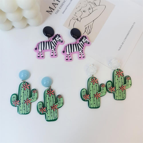 2022 Fashion Funny Cartoon Animal Pony Cactus Acrylic Earrings for Women Cute Design Sense Colorful Green Holiday Free Shipping