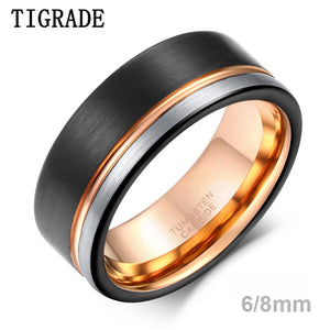 TIGRADE Ring Men Tungsten Ring Black Rose Gold Line Brushed 6/8mm Wedding Band Engagement Ring Men&#39;s Party Trendy Bague Homme