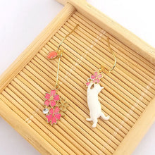 New Trend Blue Flower Dangle Earrings For Women Cute Animal Cat Cherry Blossoms Asymmetrical Earring Party Kitten Jewelry Gifts