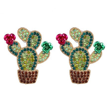 Bohemian Shiny Rhinestone Cactus Long Drop Dangle Earrings for Women Crystal Plant Pendients Earrings Holiday Beach Jewelry