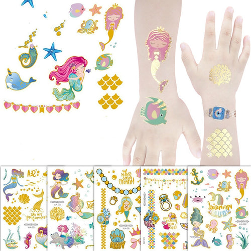 Mermaid Bronzing Cartoon Children's Metallic Gold Body Temporary Flash Tattoos For Kids Glitter Tattoo cute Stickers 160*120MM