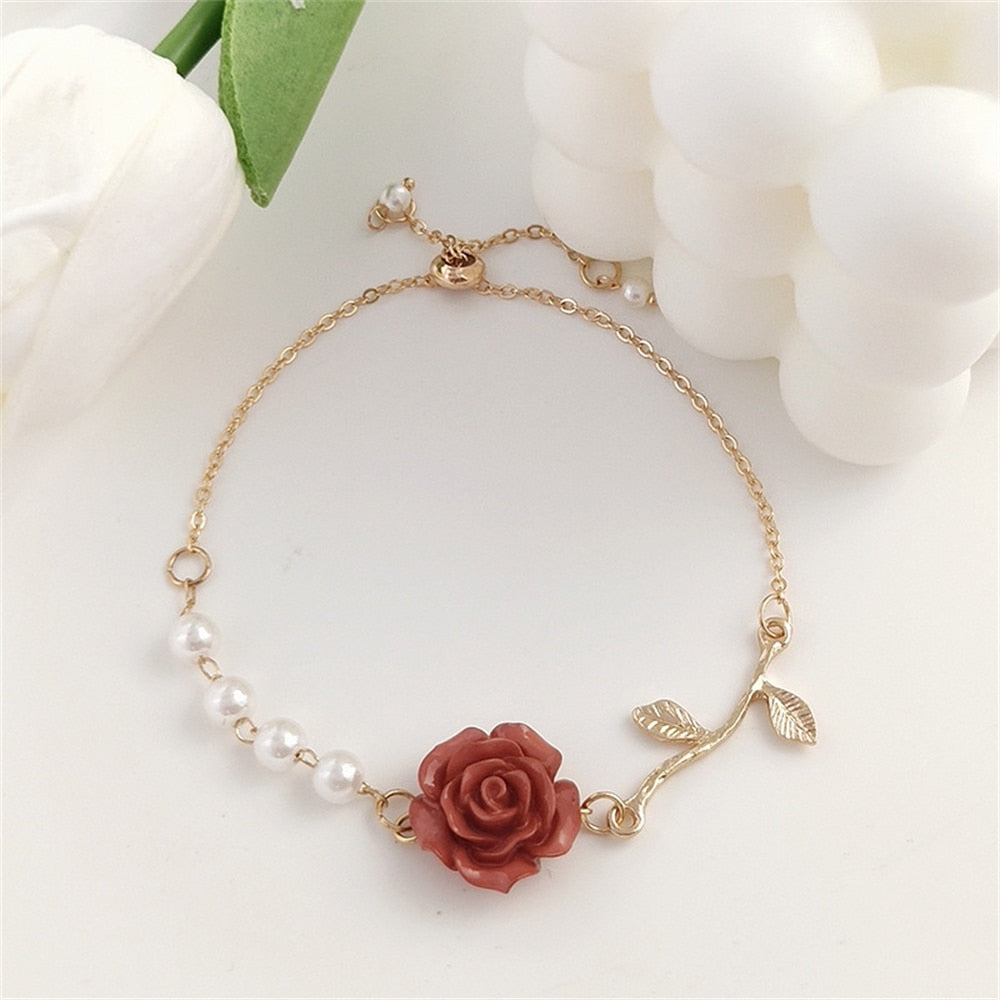 Cute Pearl Rose Flower Bracelet For Women Girl Red/White Adjustable Link Hand Chain Luxury Bestie Wristbands Jewelry Accessories