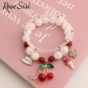 Rose sisi Korean Style fresh lovely fashion crystal burst beads bracelet for women Elastic rope cherry pendant gift for girls