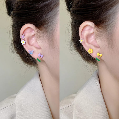 AOMU 8PCS/SET Cute Romantic Colorful Acrylic Butterfly Flower Earrings Irregular Geometric Mini Studs Earrings for Women Jewelry