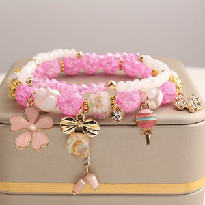 Rose sisi Korean Style fresh lovely fashion crystal burst beads bracelet for women Elastic rope cherry pendant gift for girls
