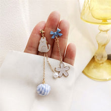 New Trend Blue Flower Dangle Earrings For Women Cute Animal Cat Cherry Blossoms Asymmetrical Earring Party Kitten Jewelry Gifts