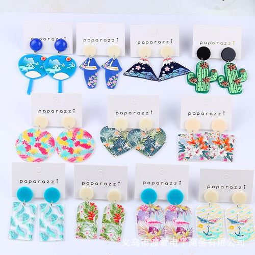 New Retro color contrast relief fresh printing cactus Earrings simple temperament acrylic earrings earrings women