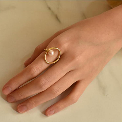 Vintage Women Korean Gold Pearl Charm Finger Irregular Ring Open Adjustable Elegant Women Wedding Anniversary Gift