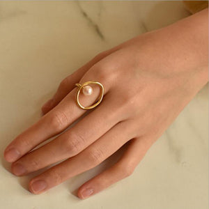 Vintage Women Korean Gold Pearl Charm Finger Irregular Ring Open Adjustable Elegant Women Wedding Anniversary Gift