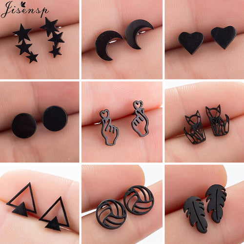 Multiple Black Stainless Steel Stud Earrings for Women Men Fashion Volleyball Leaf Fox Star Moon Earings Piercing Jewelry Gift