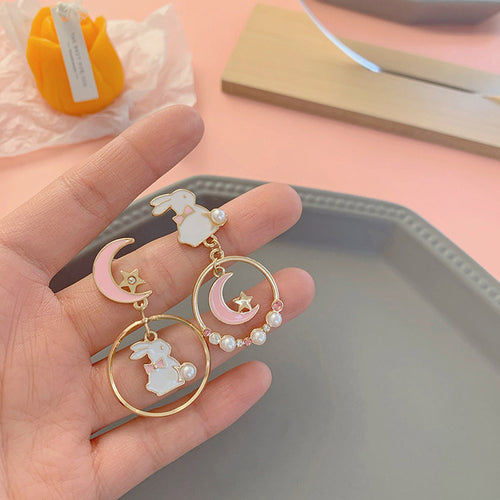 Cute Rabbit Drop Earring Korea Fashion Enamel Graze Oil Women Dangle Earrings Moon Star Asymmetry Girl Sweet Jewelry