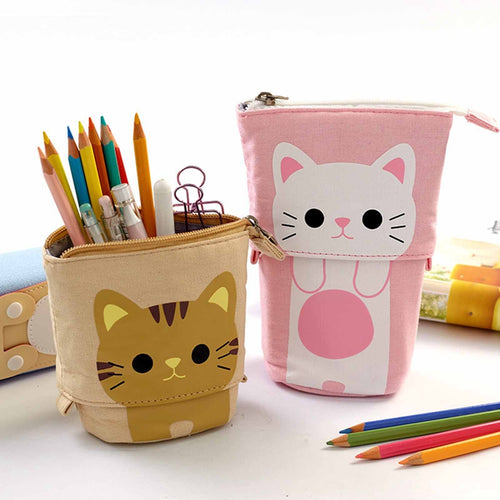 Cute Cat Pattern Retractable Pencil Case School Stationery Bag Kawaii Pen Cases Canvas High Capacity Pen Holder Gifts for Kids