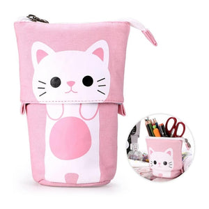 Cute Cat Pattern Retractable Pencil Case School Stationery Bag Kawaii Pen Cases Canvas High Capacity Pen Holder Gifts for Kids