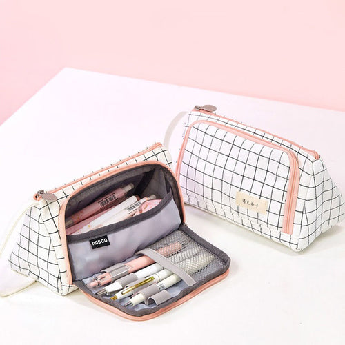 Simple Plaid Pencil Case Multi Layer Large Capacity Cosmetic Travel Storage Bag Stationary Pen Storage Bag Student Pencil Case